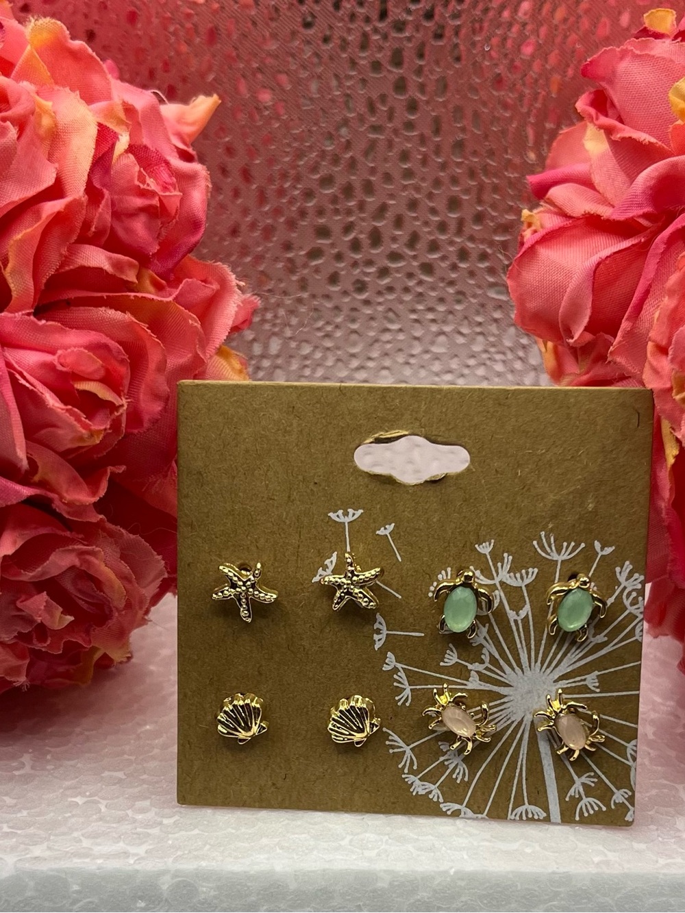 Gold-Tone Sea Life Earring Set with Mint Green and Blush Accents
